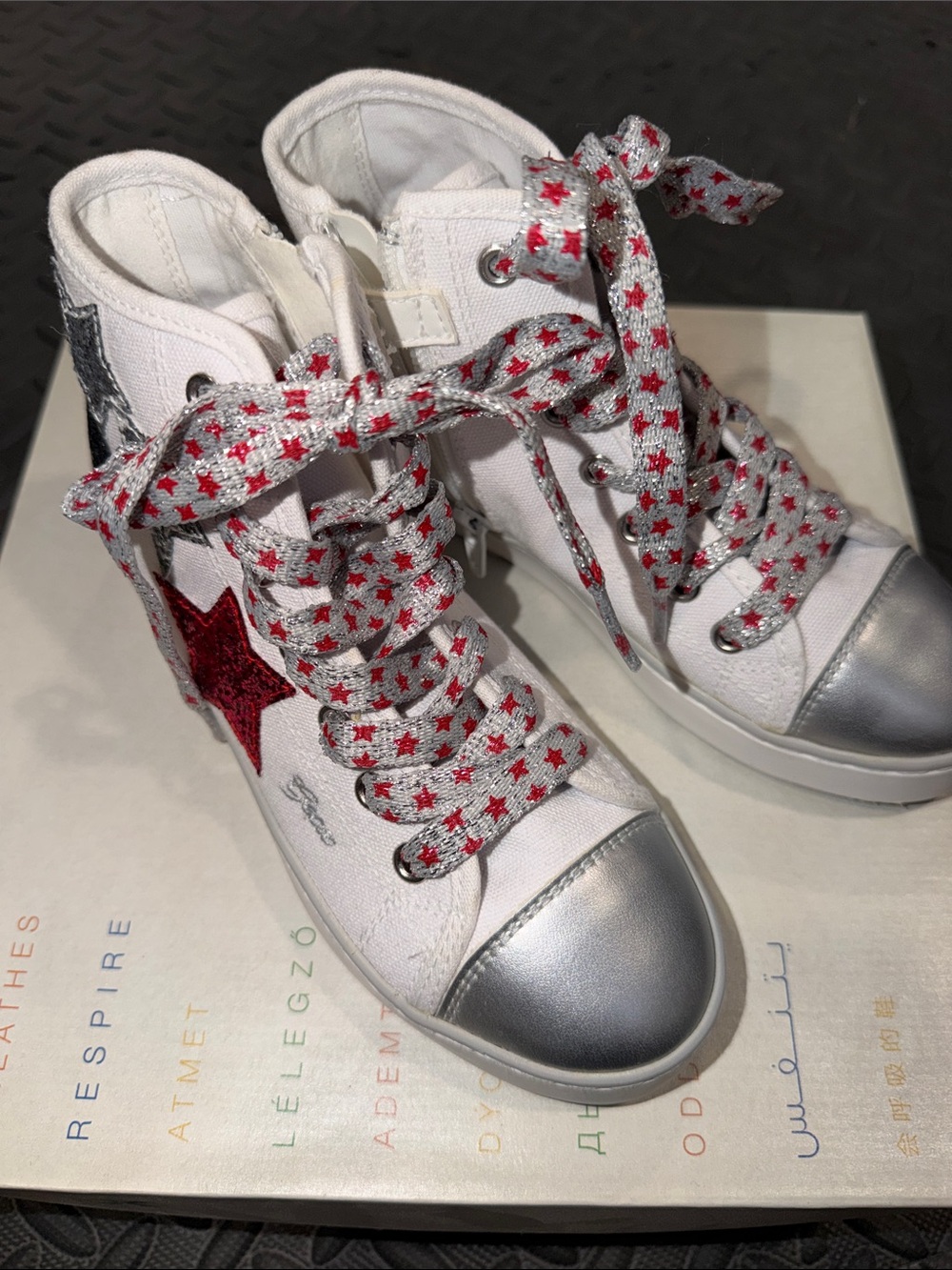 Geox White High-Top Sneakers with Red Star and Silver Toe